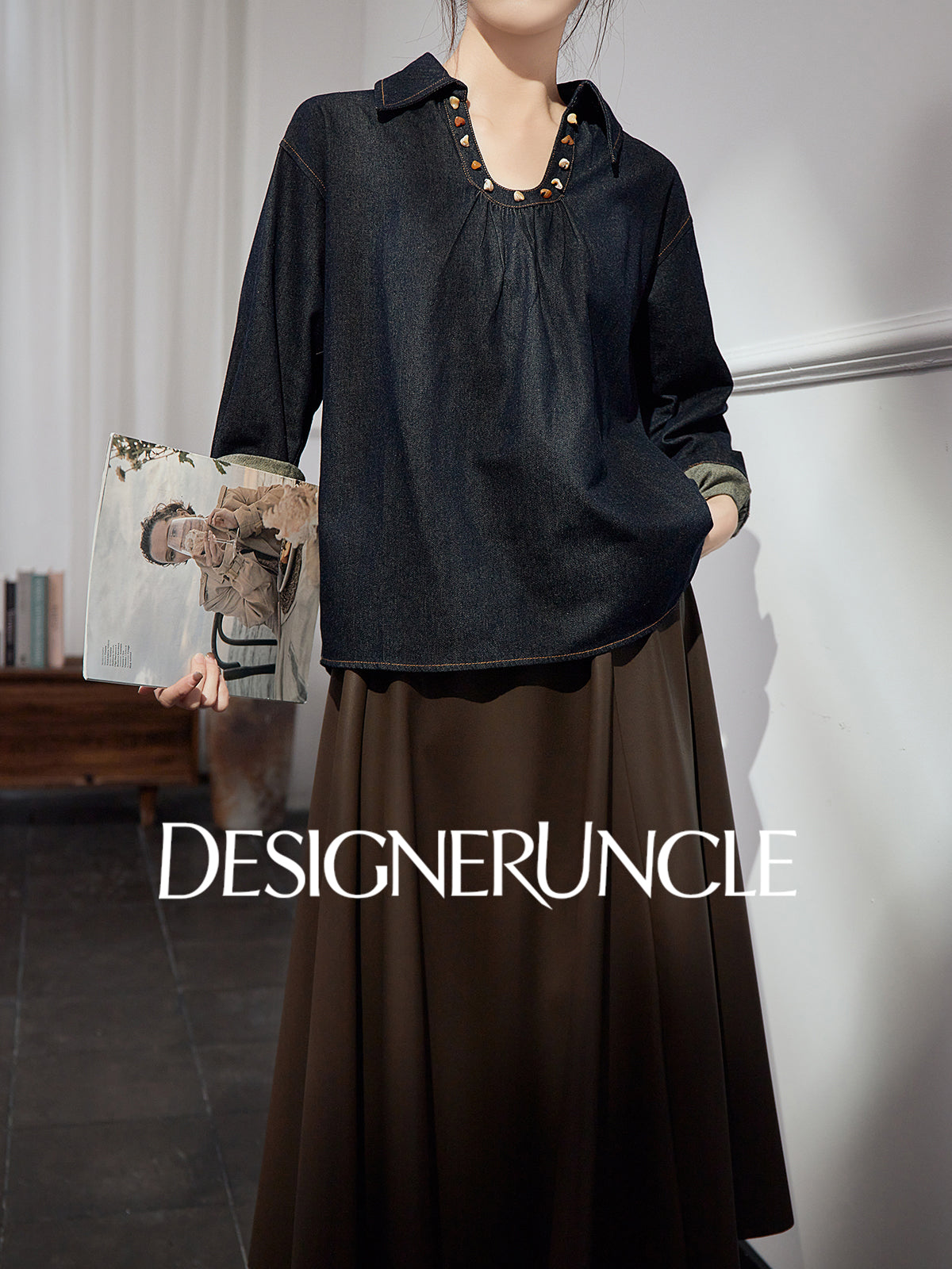 DGU "Fog Shadow" Denim New Retro Velvet Loose Slimming Commuter Top - SENT.