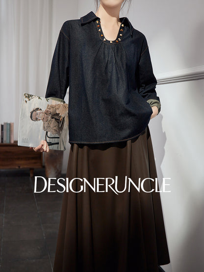 DGU "Fog Shadow" Denim New Retro Velvet Loose Slimming Commuter Top - SENT.