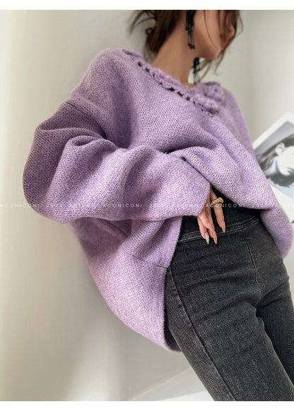 Aconiconi|Purple Flower Crochet openwork long cropped loose wool knit sweater  dress - Twilight