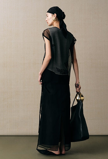 ZHUCHONGYUN organza curved lined silk straight skirt-FAB.