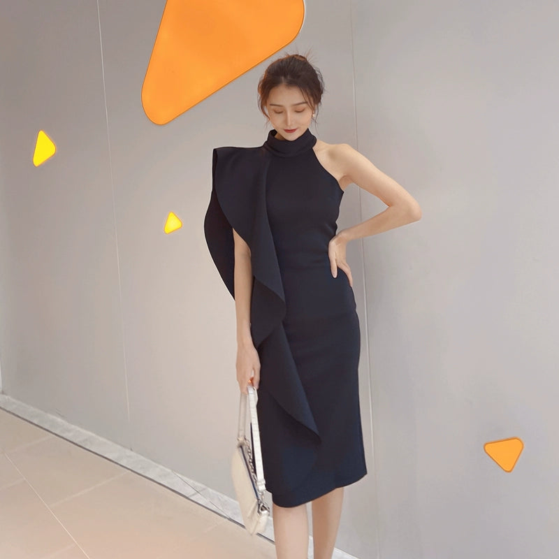 DOLLY Elegant Stand Collar Sleeveless Ruffle Midi Business Dinner Dress-RAINA