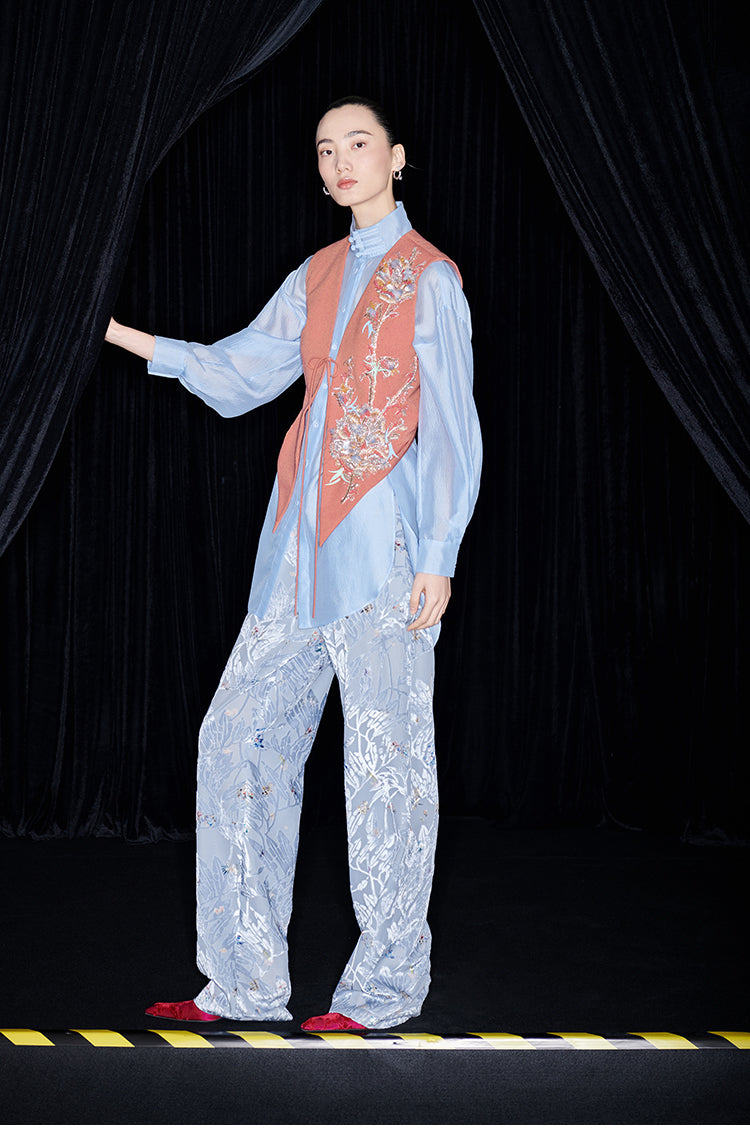 M essential Mackay designer pleated stand-up collar button-down shirt vest pant set - Sunny Hill