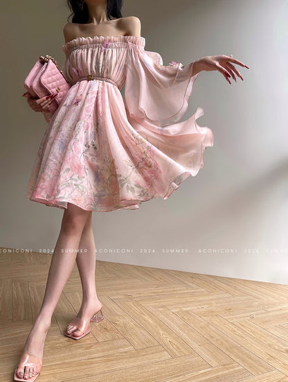 Aconiconi Luxury Off-Shoulder Flower Short Sleeve bridal baby doll Dress - Magnolia Lotus Fragrance