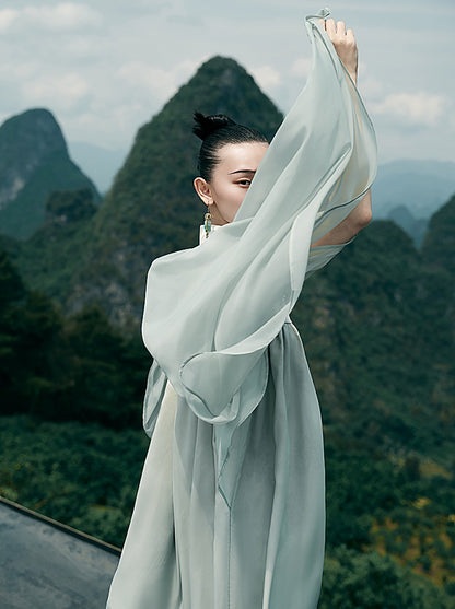 HECO [Feng Wu Clear Sleeves] New Chinese Standing Collar Buckle Flowing Dress- CLOAK.