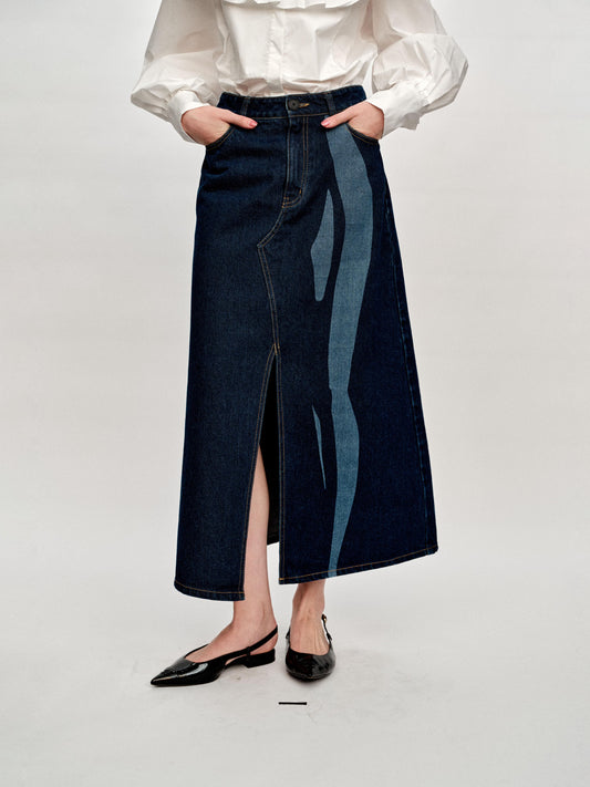 SERRER Abstract body print denim slit long skirt - LOLA.