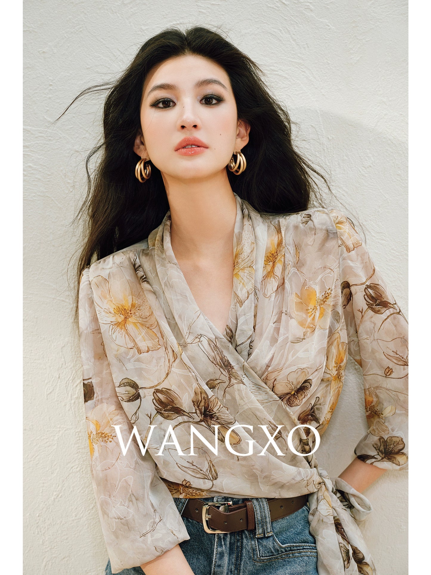 WANGXO | Silky Drape Smooth Georgette Vine-Inspired Geometric Print Entwined Twisted Shirt  -LYRA