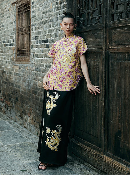 HECO Chinese style golden dragon embroidery short-sleeved placket buttoned shirt - QAND.