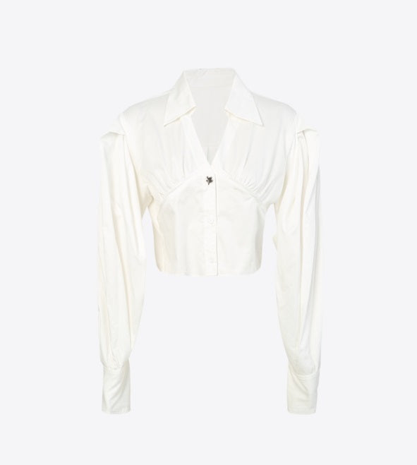 COMME MOI  v-neck short white simple shape sleeve shirt top - GIANNA.