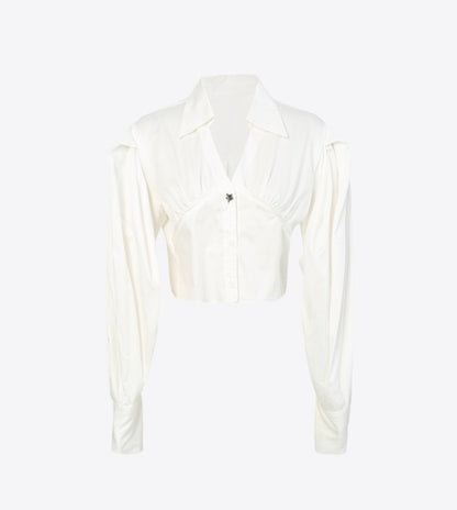 COMME MOI  v-neck short white simple shape sleeve shirt top - GIANNA.