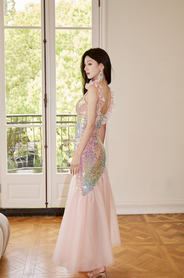 DOLLY Luxury Gradient Deep V-Neck Sleeveless Sequin Long Backless Party Dress-IVETTE