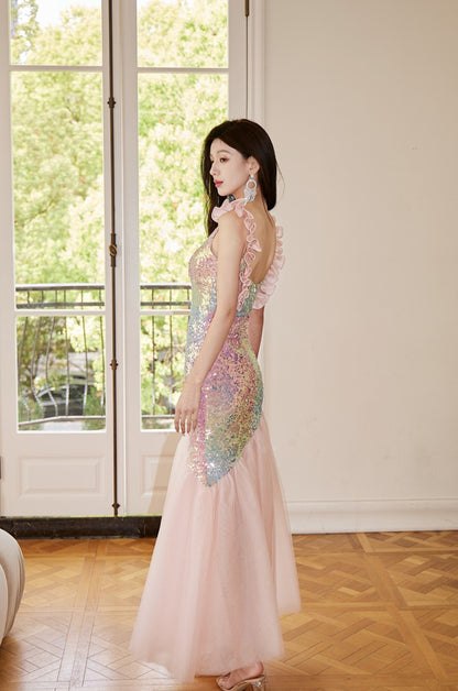 DOLLY Luxury Gradient Deep V-Neck Sleeveless Sequin Long Backless Party Dress-IVETTE