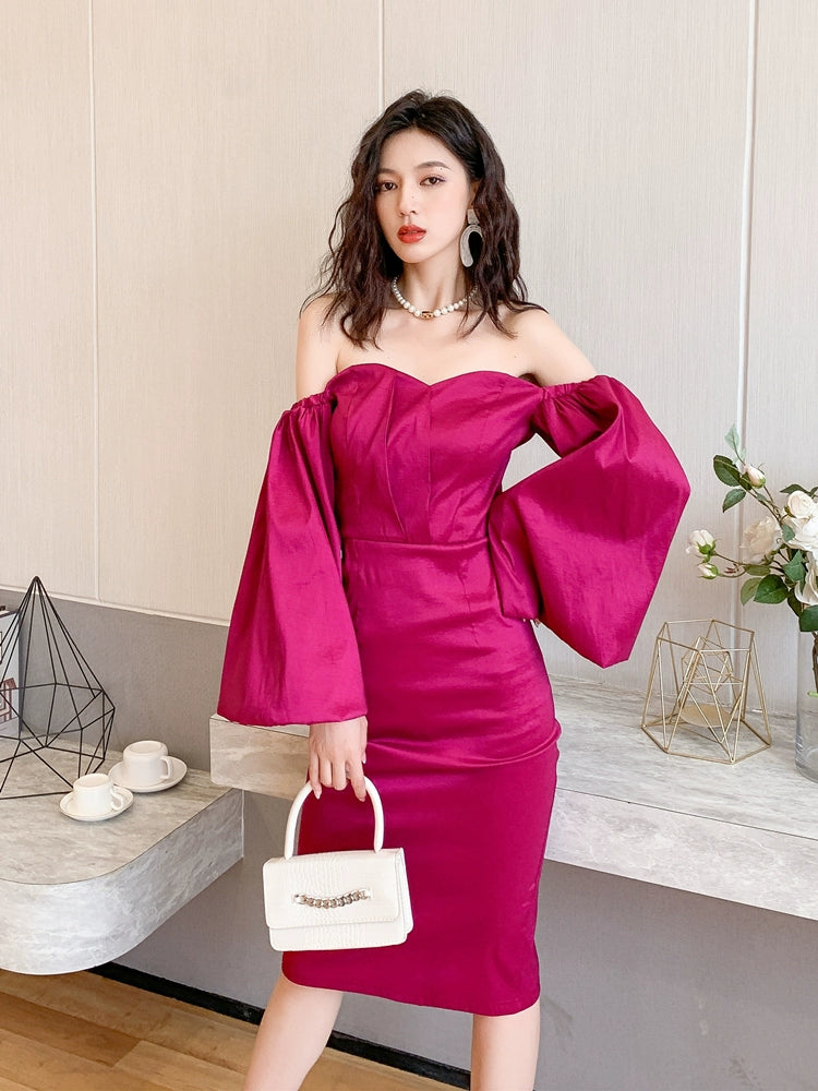 DOLLY High End Retro Style Off Shoulder Long Puff Sleeve Chest Wrap Dress-KILA