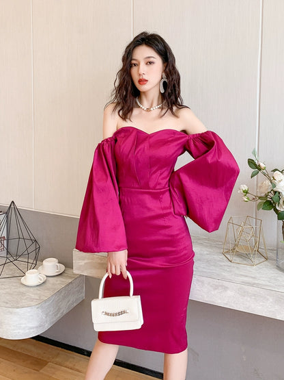 DOLLY High End Retro Style Off Shoulder Long Puff Sleeve Chest Wrap Dress-KILA
