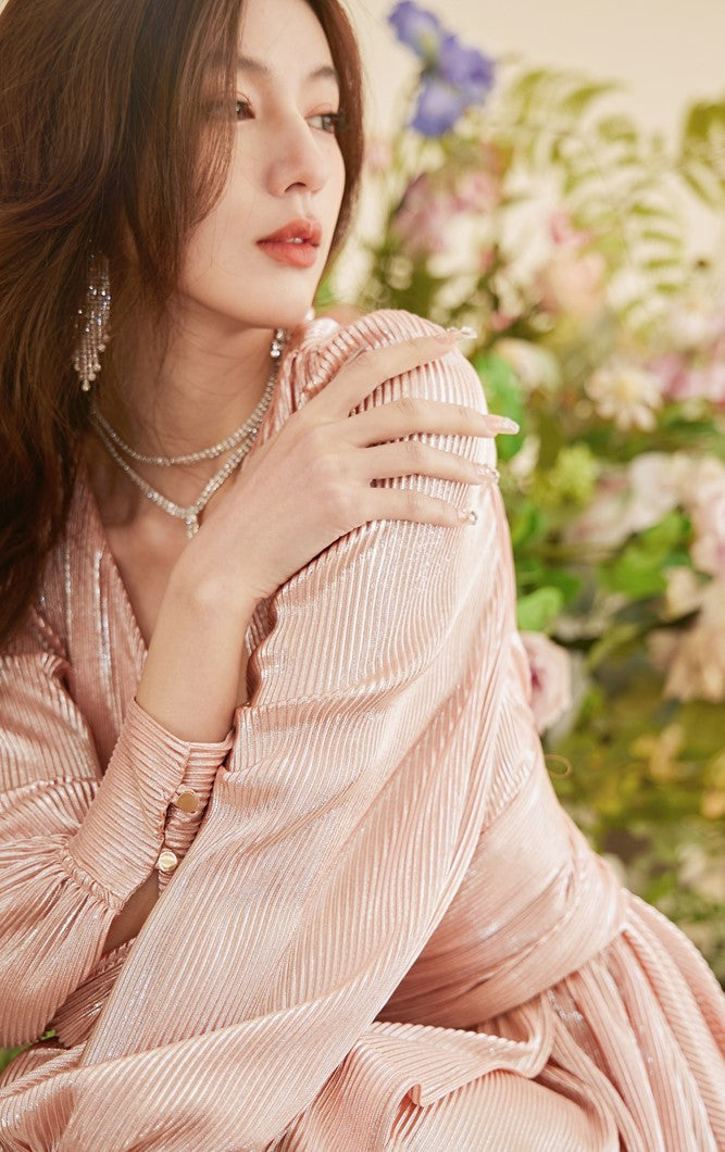 DOLLY Elegant Retro Gold Deep V-Neck Long Puff Sleeve Long Slit Award Dress-HUGO