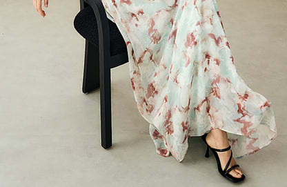 HECO Chinese V-neck camisole chiffon print long dress - BUSE.