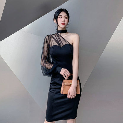 DOLLY Elegant Black One Shoulder Mesh Puff Long Sleeve Slim Fit Dinner Dress-AGNES