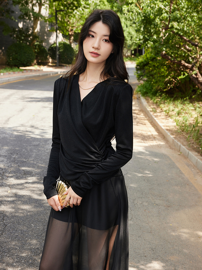 YES BY YESIR  asymmetrical shirred V-neck top - AMONU.