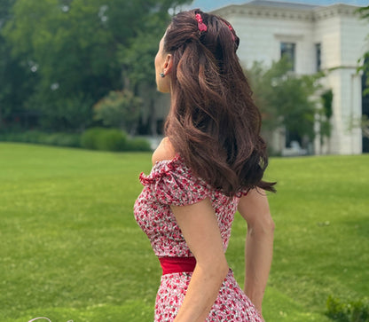 Le Palais Vintage Red Floral Off-the-Shoulder Slim One-Piece Shorts-NOSHIMA.