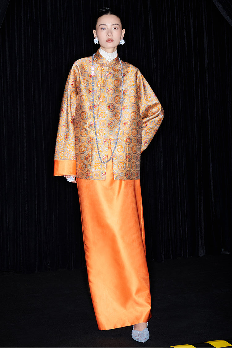 M essential Mackay designer halo stand-up collar jacket orange skirt suit  - Guaida.