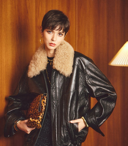 ANNASPEAK ROSSO Red Label Lambskin Detachable Wool Collar Vintage Jacket-XAVIER.