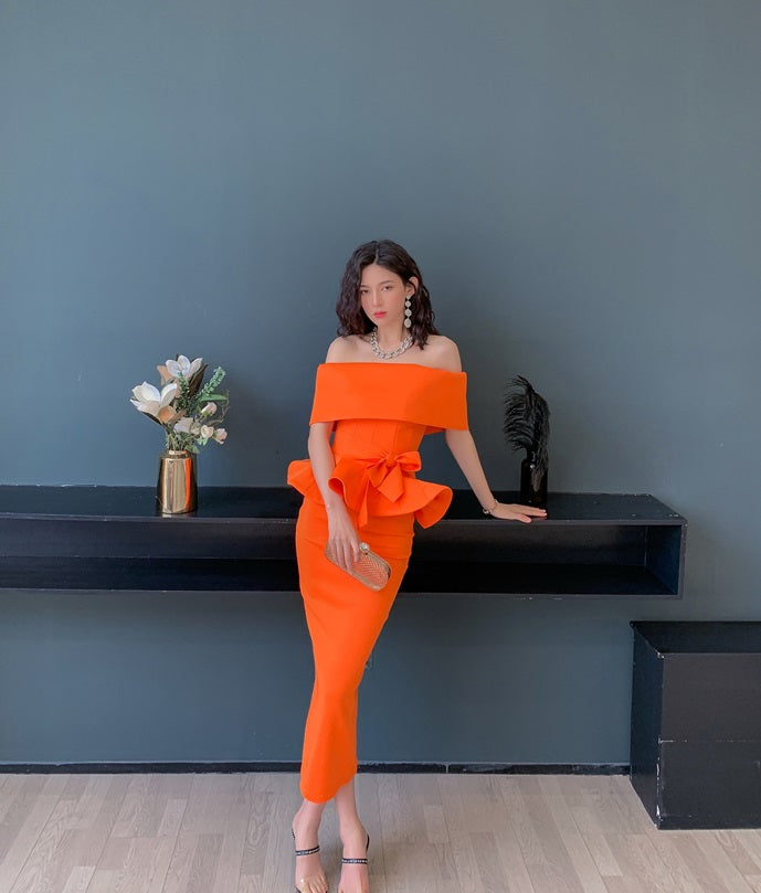 DOLLY High End Off Shoulder Peplum Tube Top Slim Fit Wedding Guest Dress-HANS