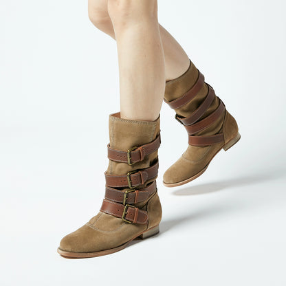 B-FEI Vintage Belt Buckle Denim Stack Boots- OKRE.