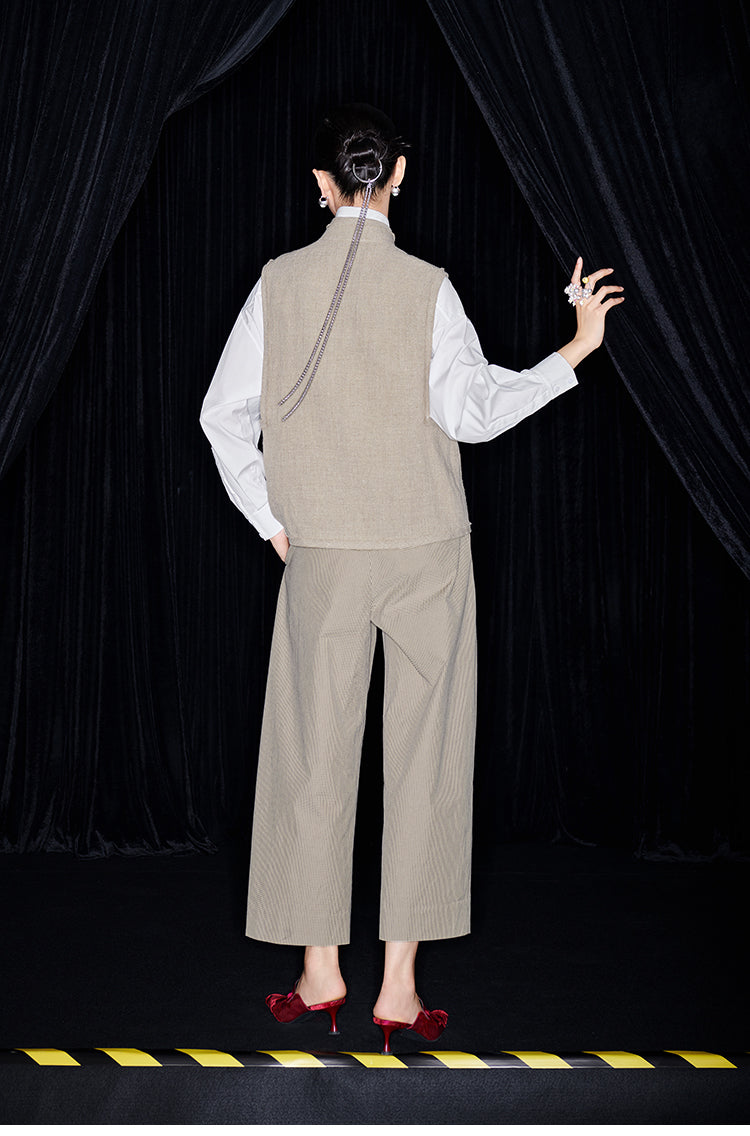 M essential Mackay Puli linen embroidered stand collar gilet vest pant set - Eight Treasures sedum