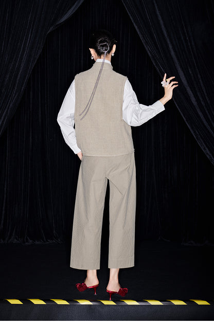 M essential Mackay Puli linen embroidered stand collar gilet vest pant set - Eight Treasures sedum