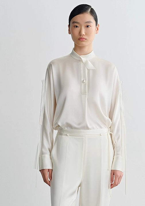 COMME MOI Lu Yan Designer New Women's Half Placket Strip Top Satin Shirt - SAINTS .