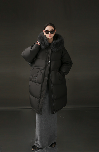 PIAOIN Korean Edition Casual Long Down Thickened Hooded Coat Versatile Jacket-TIA