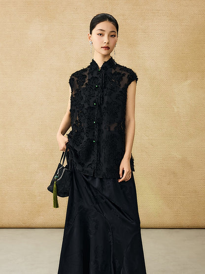 HECO Chinese Style Stand-up Collar Cut Flower Sleeveless Shirt - HELD .