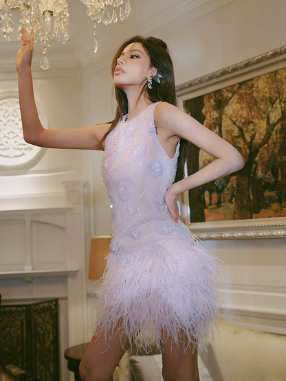 Wardrobes by Chen Purple Round Neck Sleeveless Dinner Feather Dress-Xera