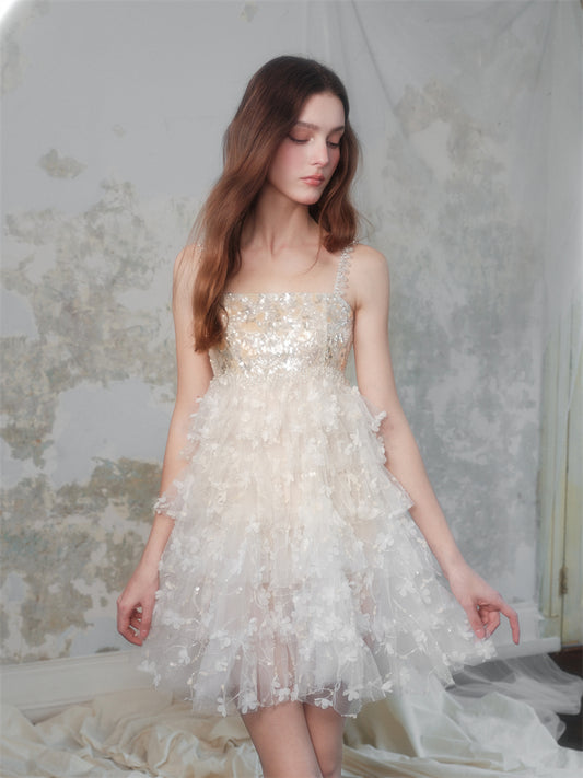 Wardrobes by Chen White Couture Flower Embroidered Beaded Sequin ruffle Dress-Annie