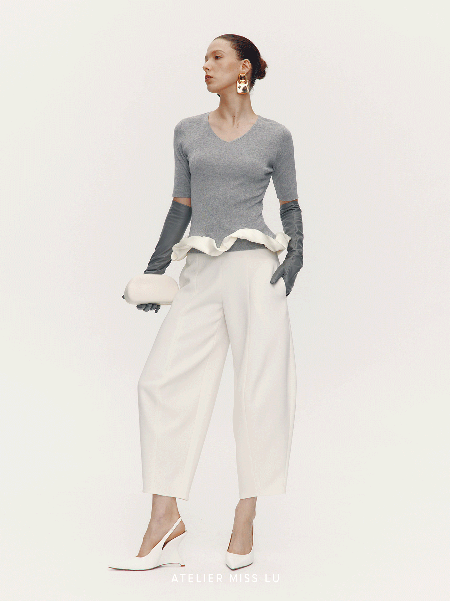ATELIER MISS LU [Rotating Ballet] Hem Cloud Wrap Paneled V-Neck Knit Top - ZAIN.