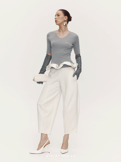 ATELIER MISS LU [Rotating Ballet] Hem Cloud Wrap Paneled V-Neck Knit Top - ZAIN.