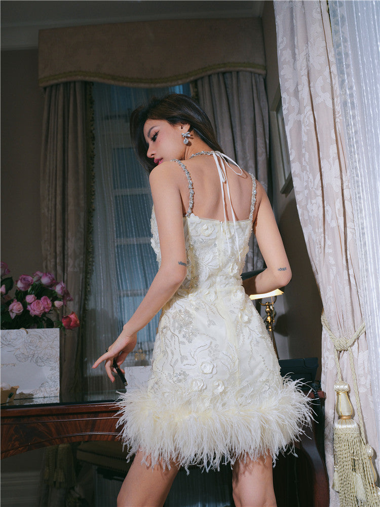 Wardrobes by Chen Luxury V-Neck Sleeveless Floral Feather Short bridal Dress-Shife