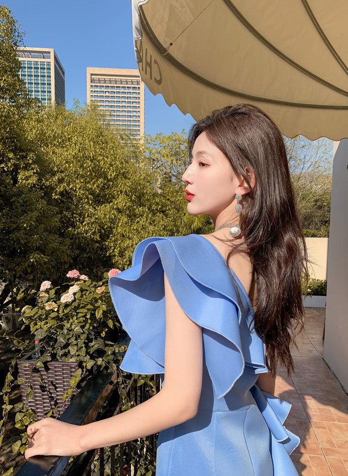 DOLLY Elegant Off Shoulder Ruffle Slim Fit Midi Wedding Guest Dress-JADE