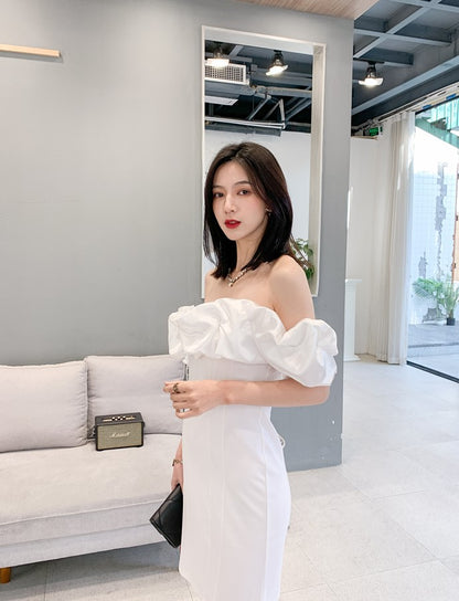 DOLLY Elegant Short Sleeve Ruffle Off Shoulder Chest Wrap Short Party Dress-LIZA