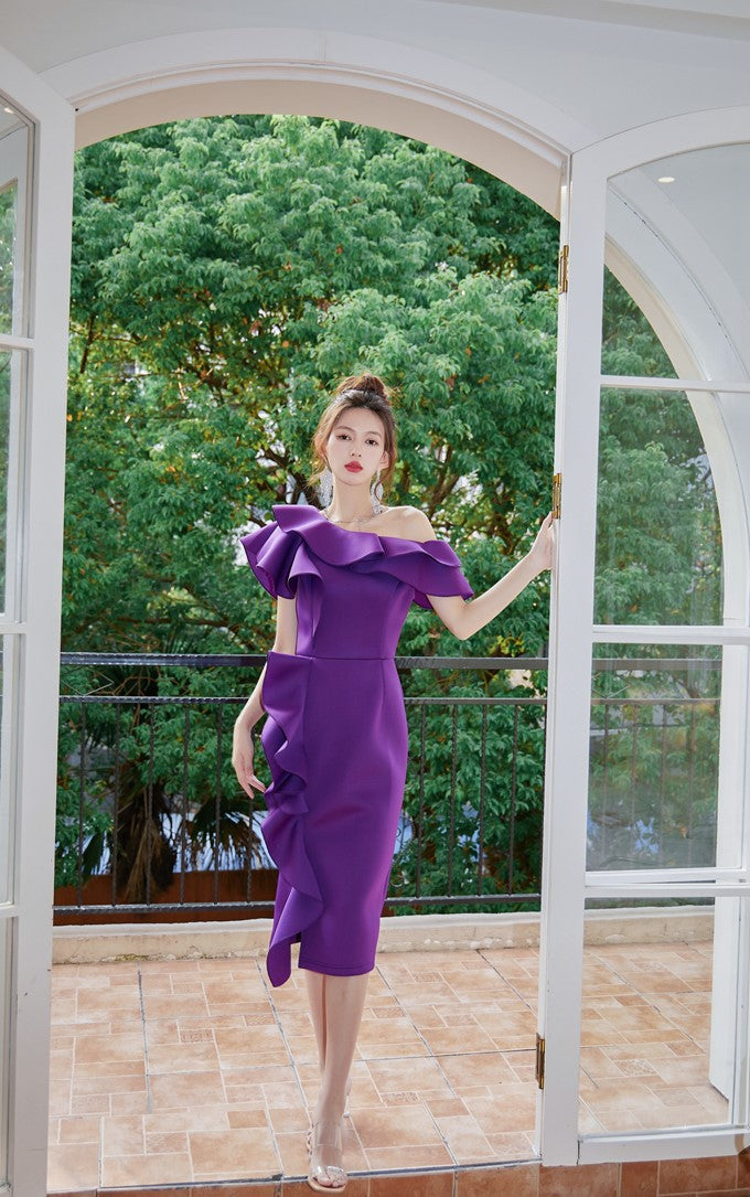 DOLLY Elegant Purple Ruffled Off Shoulder High Waist Midi Ruffle Dress-AKARI
