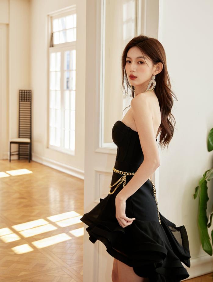 DOLLY High End Black Chet Wrap Sleeveless Off Shoulder Ruffle Dinner Dress-KRISTI