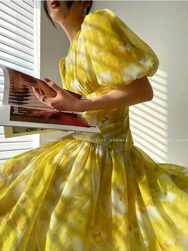 Aconiconi Elegant Lemon French Print Short Sleeve drop waist Dress- desire S / Yellow Aconiconi Elegant Lemon French Print Short Sleeve drop waist Dress- desire S / Yellow