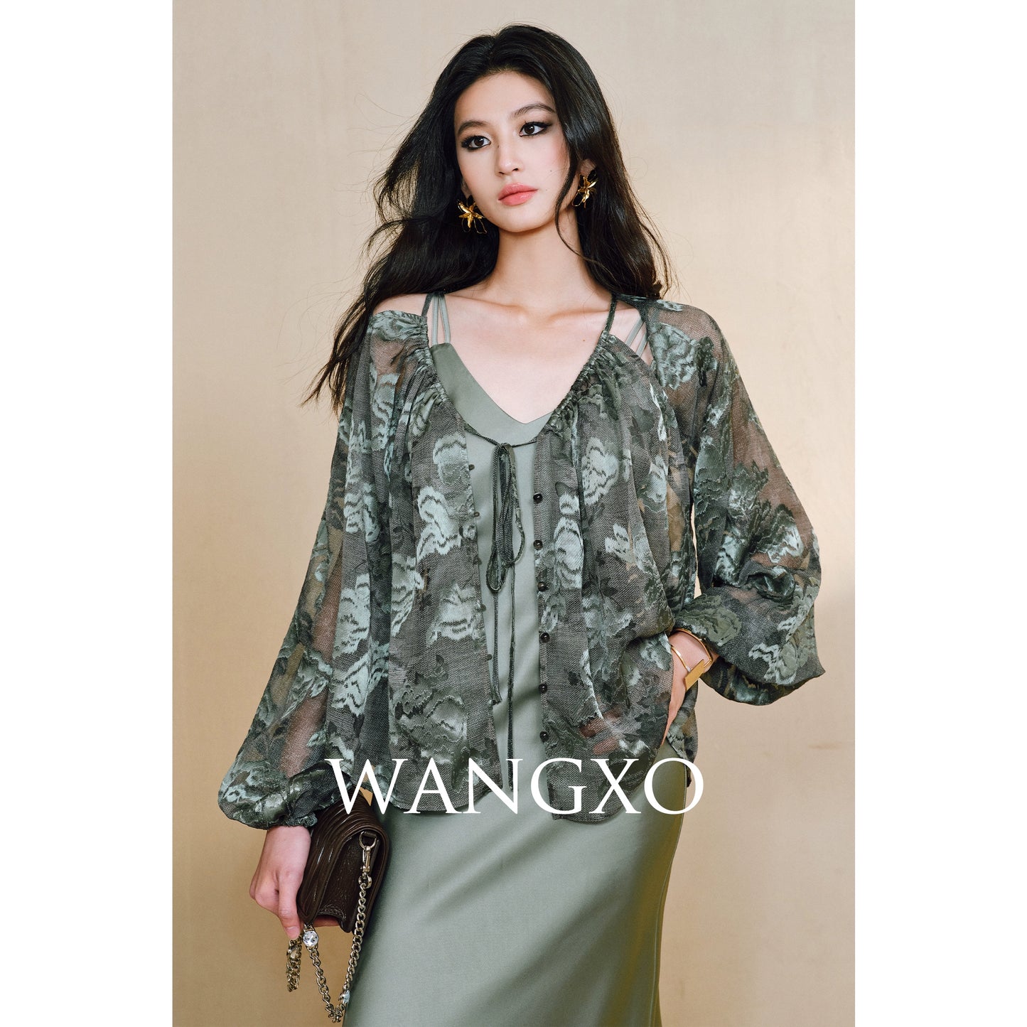 WANGXO Devoré Lace Light and Shadow Heavy Industry Bias French Cardigan & Satin Sundress Set - ESMEE
