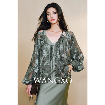 WANGXO Devoré Lace Light and Shadow Heavy Industry Bias French Cardigan & Satin Sundress Set - ESMEE