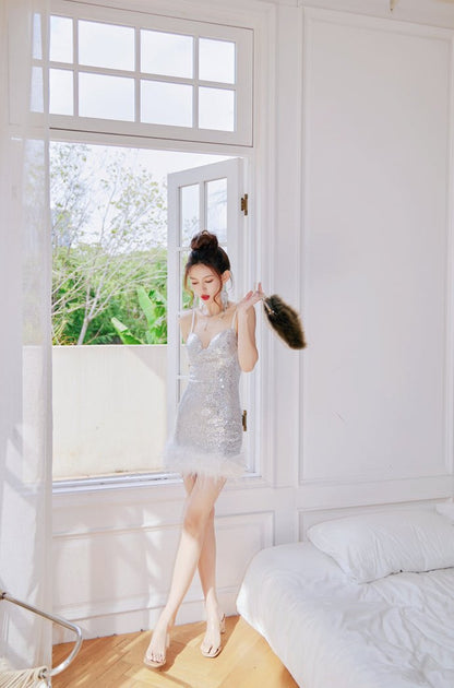 DOLLY Luxury Sliver Sleeveless Sequin Feather Suspender Slim Fit Party Dress-AADHIRA