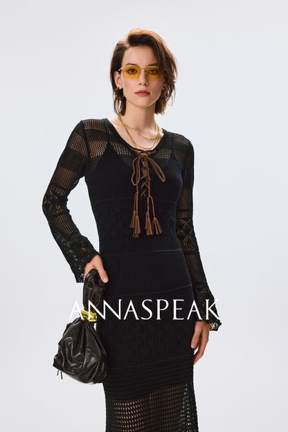 ANNASPEAK Fringe Lace-up Slim Knit Dress- CHACHA.