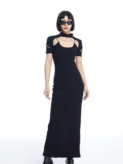 TINY IN fake two-piece deconstructed knitted back slit midi black dress -PUPIN