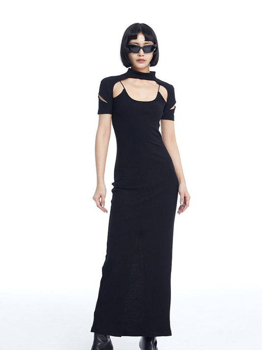 TINY IN fake two-piece deconstructed knitted back slit midi black dress -PUPIN