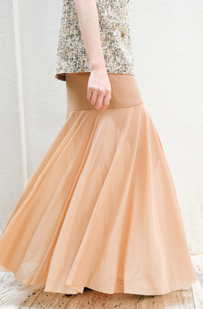 WANGXO | Twill Roman Knit with Lightweight Sheer Paneling  A-Line Hem Flowing Skirt  -RAYA