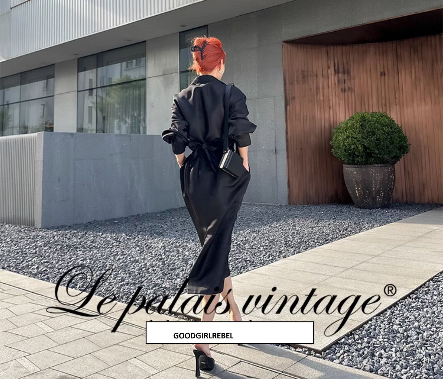 Le Palais vintage's black thick satin wrapped shirt bud skirt -  Lolo