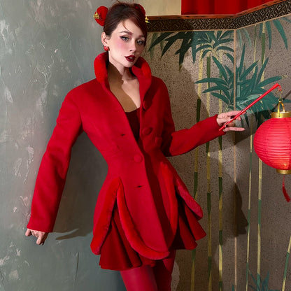 le palais vintage retro elegant red furry slit jacket coat - Dtri.